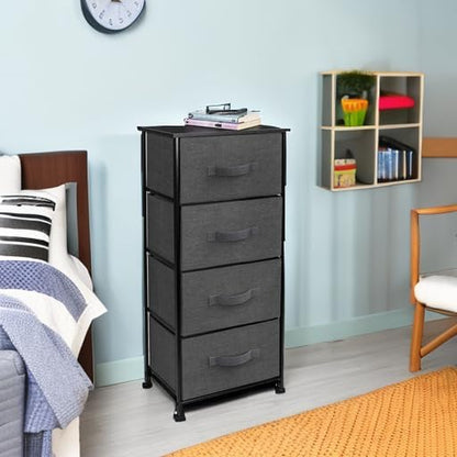 4 Drawer Dresser, Wood Top & Fabric Drawers for Bedroom (Black) | Nightstand with Steel Frame and Easy-Pull Bins Serves as Bedside Furniture or an End Table for Homes, Offices and Dorms.