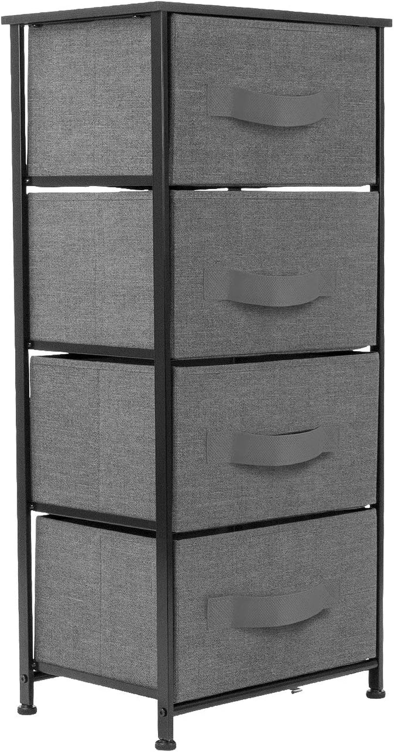 4 Drawer Dresser, Wood Top & Fabric Drawers for Bedroom (Black) | Nightstand with Steel Frame and Easy-Pull Bins Serves as Bedside Furniture or an End Table for Homes, Offices and Dorms.