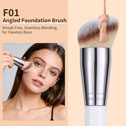 Foundation Contour Blush Conceal Brush Set, 3PCS Angled Synthetic Kabuki Brush for Blending Setting Buffing with Liquid, Cream and Powder Cosmetic (White)