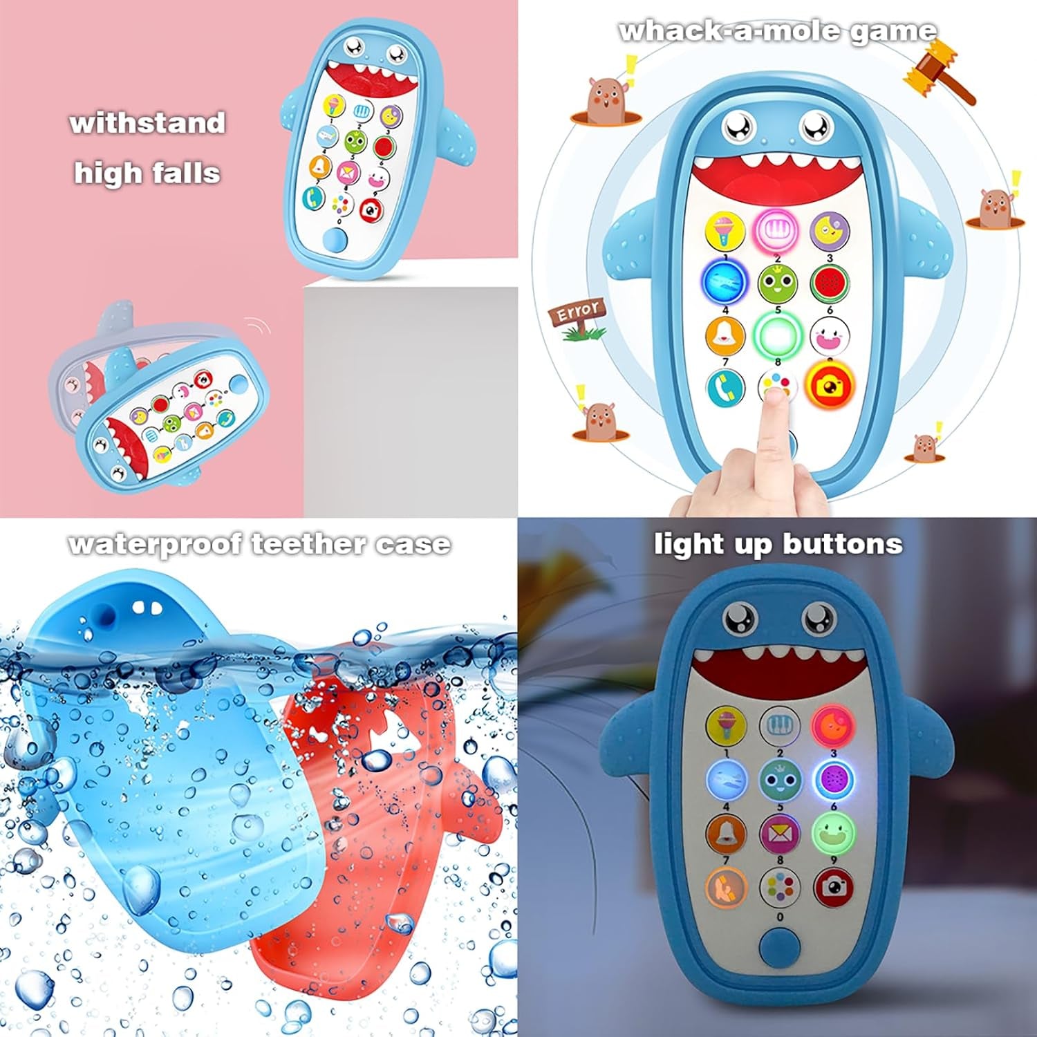 Baby Shark Cell Phone Toy Kids Play Fake Light-Up Teether 12+ Months (Blue) | Removable Soft Case Music Adjustable Volume Infant Toddler Learn Phone Preschool Holiday Birthday Present Gift for Girl Boy
